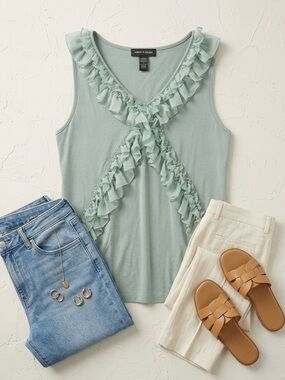 Sage Ruffle Tank Top XL Soft Stretch Romantic Coquette Blouse